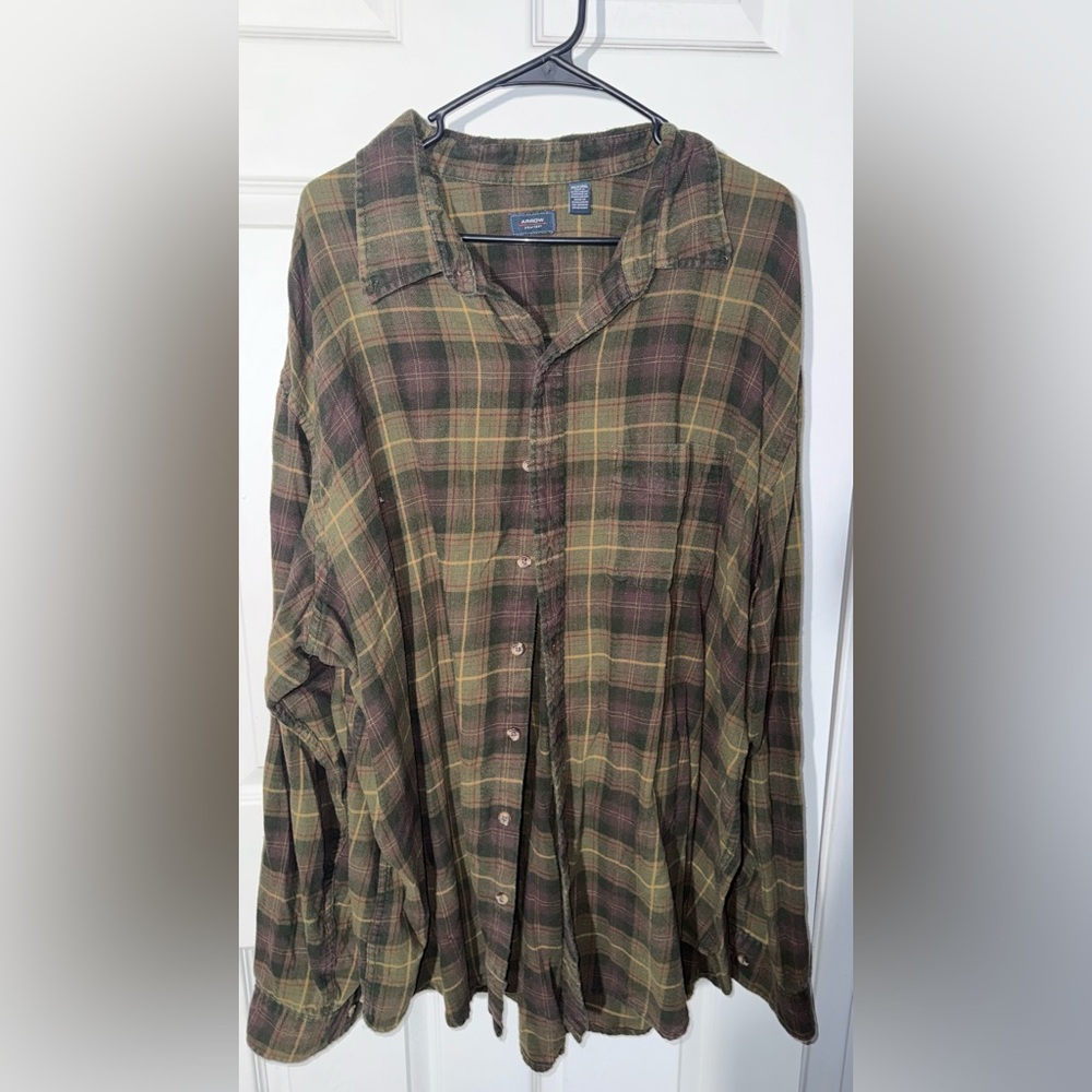 Arrow Men's Big And Talk Plaid Flannel Shirt - Olive and Brown - 3XLT